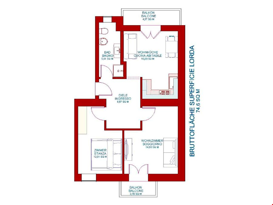 Dreizimmerwohnung im 3. Stock in der Mailandstraße, Bozen