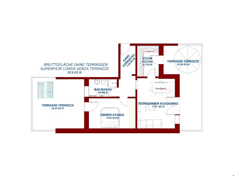 Zweizimmerwohnung mit großzügigen Terrassen im Zentrum von Meran