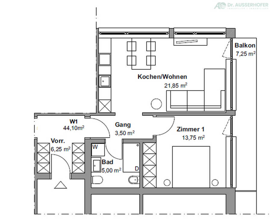 Zweizimmerwohnung im letzten Stock mit freiem Blick in zentraler Lage  4